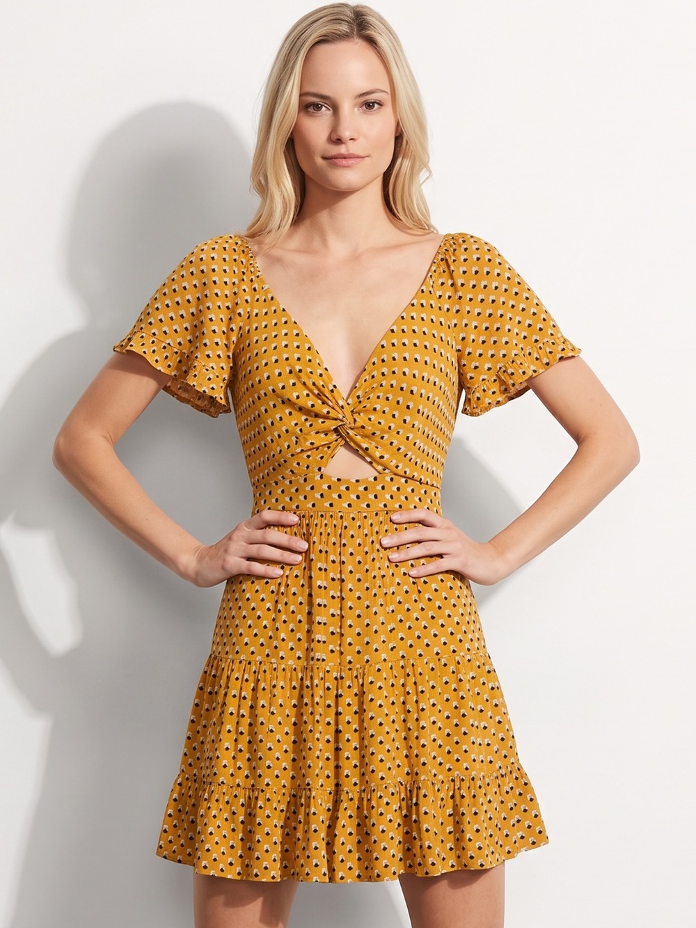 Angie Mustard Yellow Twist Front Cutout Geometric Mini Dress Size Large Boho